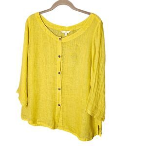 Kleen Linen Mustard Yellow 3/4 Sleeve Button Down Scoop Neck Top M